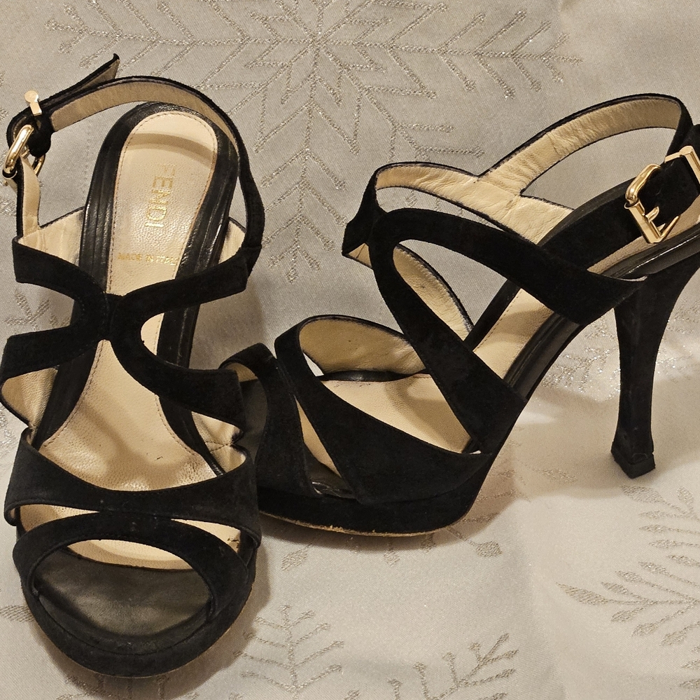 FENDI Strappy High Heels Sandals Black Leather Suede